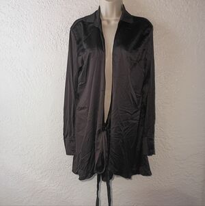 Finesse Remi Black Satin Front Tie Blouse